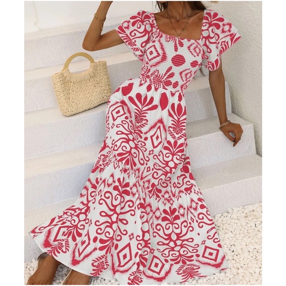 Boho Floral Print Shirred Butterfly Sleeve Dress - Picture 2 of 7